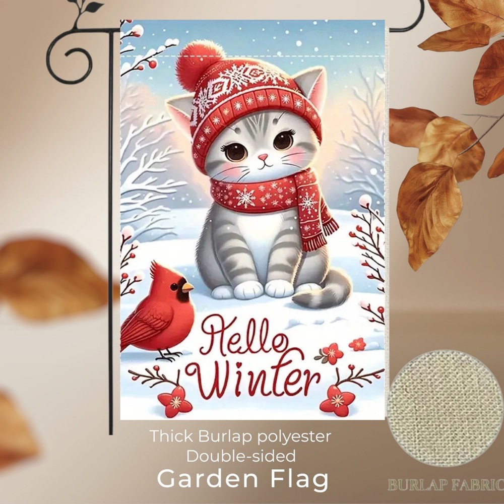 Garden Flag, 12“ X 18“, “Hello Winter” Kitten & cardinal bird, burlap Polyester